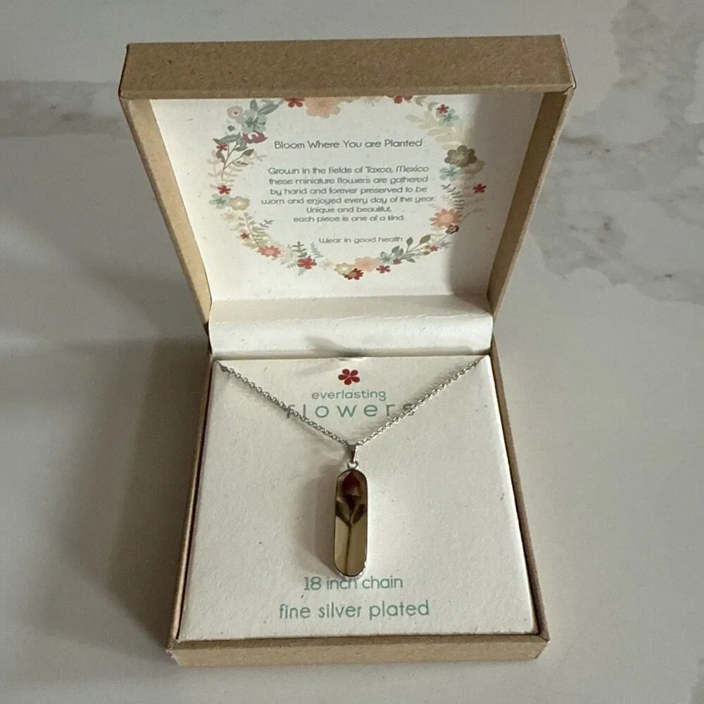 Seed & Sage Dried Flower Rose Necklace Fine Silver Plated NEW